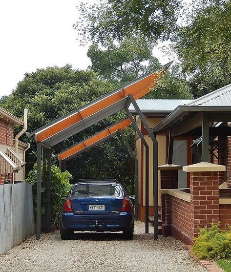 Sick of running from driveway to front door in the pouring rain, laden with shopping bags and other gear? It’s time to build a carport… Covered Entry, Carport On Sloped Driveway, Car Porch Design, Building A Carport, Double Carport, Front Door Entryway, Door Entryway, Carport Designs, Building Techniques