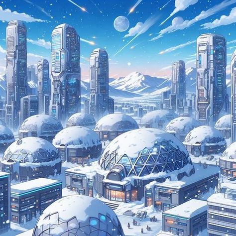 anime manga illustration of a futuristic city covered in snow with advanced igloos - Image Creator from Microsoft Designer Futuristic City Illustration, Igloo Images, Fantasy Cities, Sci Fi City, Planet Design, Anime City, Winter City, City Illustration, Fantasy City