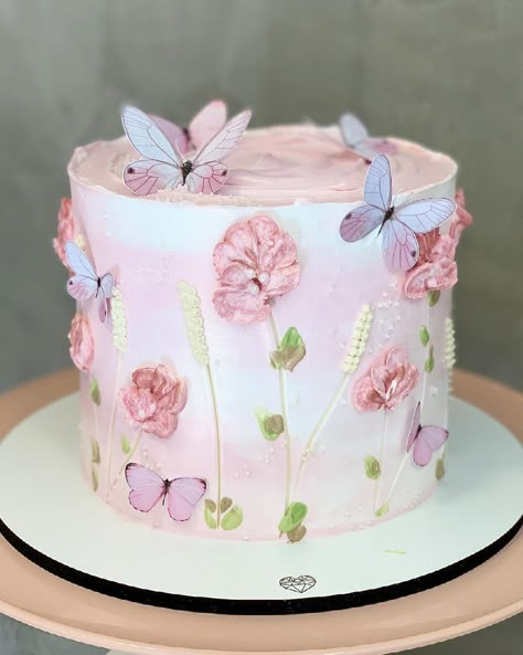 Flower Cake With Butterflies, Butterfly Flower Cake 1st Birthdays, Garden Butterfly Cake, A Little Butterfly Is On Her Way Cake, Flower Cake For Kids, Pink Flower Cake Birthday, Ombre Butterfly Cake, Butterfly Bridal Shower Cake, Flower Butterfly Cake