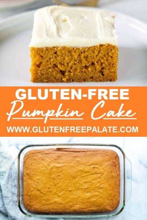 The easiest pumpkin cake recipe! Tender gluten-free pumpkin cake with smooth cream cheese frosting. This gluten free pumpkin cake recipe is simple to make and has the perfect balance of pumpkin and spice. Gluten Free Pumpkin Cake, Pumpkin Cake With Cream Cheese, Pumpkin Cake Recipe, Gluten Free Pumpkin Recipes, Gluten Free Pumpkin Spice, Pumpkin Sheet Cake, Gluten Free Cake Recipe, Cookies Gluten Free, Pumpkin Cake Recipes