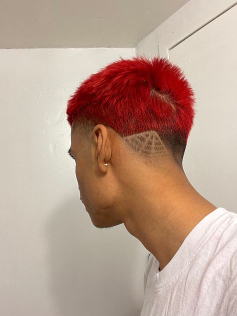 Red Hair Buzzcut, Red Dyed Hair Men, Cherry Red Hair Men, Buzz Cut Dye Designs, Bright Red Short Hair, Dark Red Hair Men, Red Buzzcut, Vs Haircut, Alternative Guys