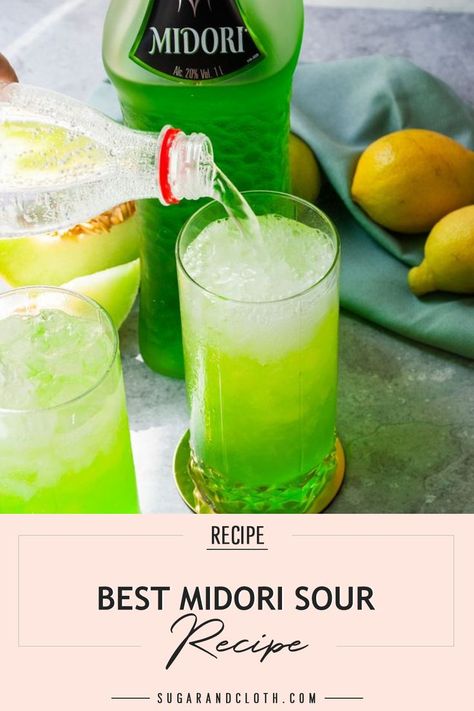 With a perfect balance between sweetness and sourness, the Midori Sour is a fun bright, melon green take on the classic sour. Learn the best Midori Sour recipe here - this one features a candy-like base, balanced out with fresh citrus juices to brighten up the flavor combo. Then topped with club soda for a bubbly finish! Click to follow the guide. Sweet And Sour Drinks Cocktails, Madori Sour, Sweet And Sour Mix Recipe, Midori Sour Recipe, Midori Drinks, Midori Cocktails, Midori Sour, Sour Drink, Melon Recipes