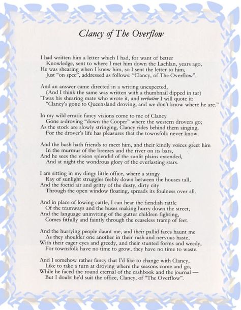 Clancy of the overflow Ideas For Poems, Australian Poems, Native Aesthetic, Poem Prompts, Gibbs Rules, Poems Art, Australian Icons, Australia Vintage, Live Love Life