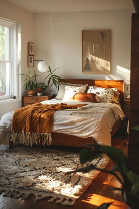 Guest Bedroom Ideas Mid Century, Midcentury Small Bedroom, Cozy Natural Bedroom Aesthetic, Fan Bedroom Ideas, Rustic Bedroom Inspirations, Midmod Bedroom, Bedroom Small Ideas, Cozy Mid Century Modern Bedroom, Airbnb Bedrooms