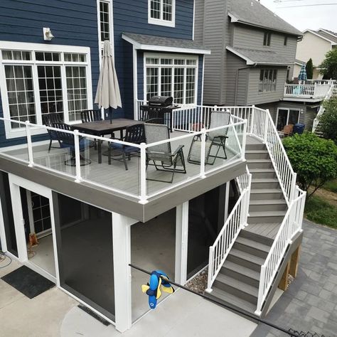 Custom Deck @ Dusk - Craftsman - Deck - New York - by Orange County Deck Co. | Houzz Second Story Deck Ideas, Back Deck Designs, Double Screen Doors, 2nd Story Deck, Decking Fence, Second Floor Deck, Second Story Deck, Under Deck, Deck And Patio