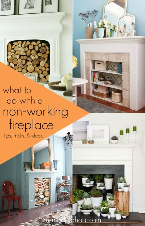 Dealing with a non-working fireplace -- tips, tricks, and ideas for decorating a fireplace that's non-functional Non Functioning Fireplace Ideas, Closed Fireplace Ideas, Repurposed Fireplace, Faux Fireplace Ideas, Empty Fireplace Ideas, Empty Fireplace, Fireplace Transformation, Downtown House, Den Remodel