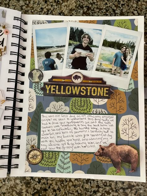 Yellowstone adventures #scrapbooking Roadtrip Scrapbook Ideas, Up Adventure Book Scrapbook, Rustic Scrapbook Ideas, Scrapbook Ideas Nature, Nature Scrapbook Ideas, Manifestation Scrapbook, Roadtrip Scrapbook, National Park Scrapbook, Boyfriend Journal