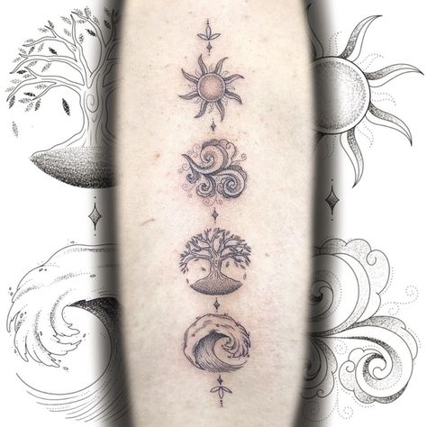 Elements Spine Tattoo, Celestial Spine Tattoo, Fun Tattoo, Celestial Tattoo, Free Reign, Goddess Tattoo, 4 Element, Four Elements, Spine Tattoo