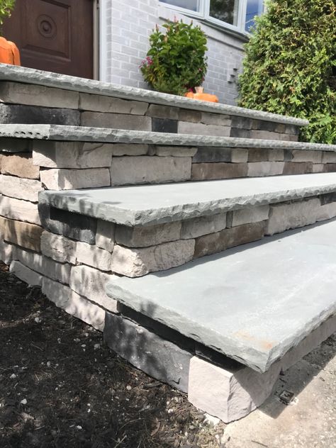 Porch renovation Rock Steps Porch Front Entry, Flagstone Porch Steps Front Entry, Front Porch Steps And Pathway Ideas With Bluestone, Stone Front Steps With Railing, Natural Stone Steps Front Door, Bluestone Stairs Front Steps, Rock Steps, Patio Stairs, Stone Porches