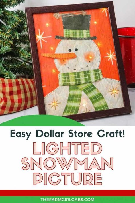 Decorate your home for the holiday season with this easy-to-make Lighted Snowman Picture. It’s fun to put together and perfect for hanging up around the home to get into the holiday spirit. This DIY Christmas craft is made with a gift bag and a dollar store frame. It is a fun dollar store Christmas craft. Lighted Snowman, Dollar Tree Frames, Diy Projects For Adults, Vegetable Farm, Light Up Pictures, Snowmen Pictures, Dollar Store Christmas Crafts, Christmas Decorations Apartment, Picture Frame Crafts