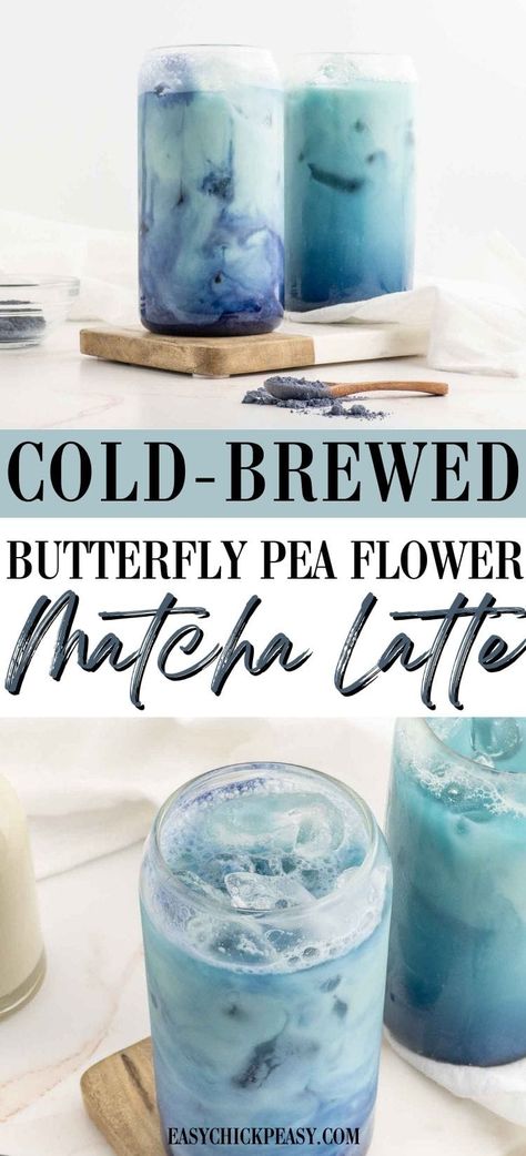 This cold brewed butterfly pea matcha latte is a beautiful, delicious latte full of powerful antioxidants. Milder in flavor than traditional green matcha, this herbal tea-based latte is subtle, sweet, and caffeine-free. It's the perfect little treat to enjoy without checking the time before bed! Matcha Butterfly Pea, Butterfly Pea Flower Syrup, Herbal Tea Drinks, Butterfly Pea Flower Latte, Cold Herbal Tea Recipes, Matcha Latte Recipe Healthy, Tea Latte Ideas, Matcha Coffee Latte, Lavender Matcha Latte