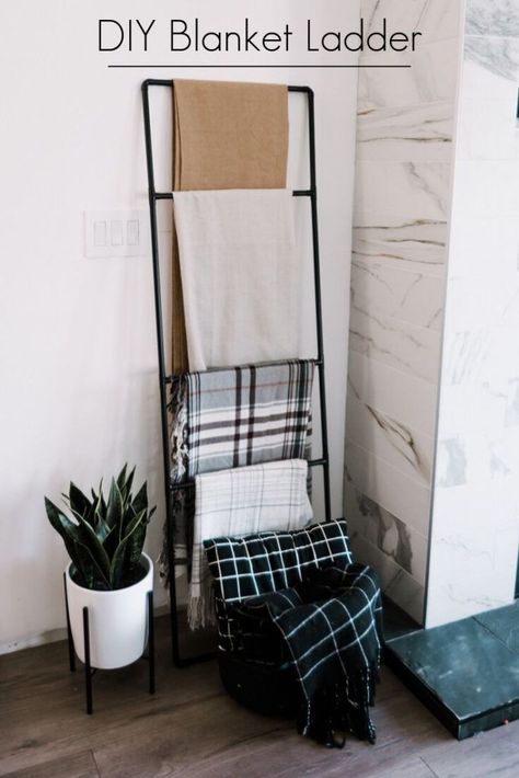 Gorgeous Modern DIY Blanket Ladder! Follow this easy tutorial to make your own sleek, minimal blanket or towel ladder in… The post Modern DIY Blanket Ladder appeared first on Love Create Celebrate. Diy Blanket, Diy Blanket Ladder, Diy Ladder, Towel Ladder, Modern Blankets, Simple Interior Design, Blanket Ladder, Simple Interior, Boutique Interior