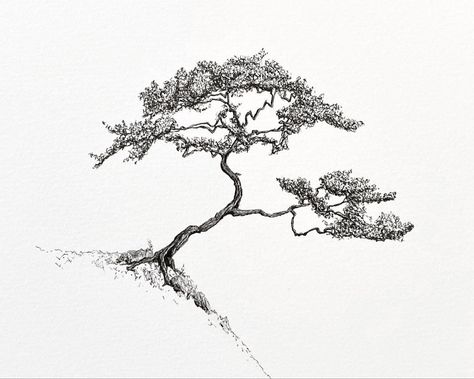 Tree Drawing Black And White, Tree Ink Drawing, Bonsai Tattoo, Bonsai Tree Tattoos, Black Pen Drawing, White Korean, Drawing Black And White, Pine Tree Tattoo, Doodle Art Flowers