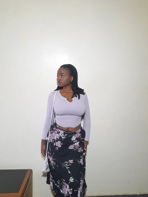 Floral Skirt Outfits Black Women, Maxi Skirts Black Women, Soft Girl Aesthetic Black Women Outfits, Platform Crocs Outfits Black Women, Long Black Floral Skirt Outfit, Flower Skirt Aesthetic, University Dress Outfits, Flower Maxi Skirt Outfit, Maxi Skirts Aesthetic