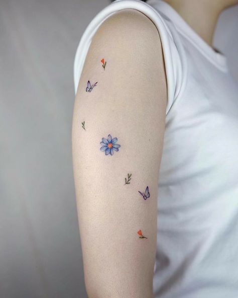 Botanisches Tattoo, Small Colorful Tattoos, Leg Sleeve Tattoos, Leg Tattoo Ideas, Kpop Tattoos, Flower Wrist Tattoos, Tasteful Tattoos, Leg Sleeve Tattoo, Beautiful Tattoo