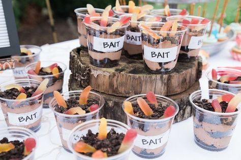 Bait pudding cups from a Gone Fishing Birthday Party on Kara's Party Ideas | KarasPartyIdeas.com (19) Gone Fishing Party Food, Fishing Themed Birthday Party Food, Bait Bar Fishing Party, Fish Gender Reveal Ideas, Gender Reveal Fishing Theme, Fishing Themed Gender Reveal, Gone Fishing Birthday Party, The Big One Fishing Birthday, Ofishally One Birthday