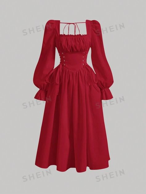 SHEIN MOD Square Neck Flounce Sleeve Lace Up Front Ruched Bust Lantern Sleeve Red Long Dress | SHEIN USA Red Long Dress, Long Red Dress, Couture Sewing Techniques, Couture Sewing, Flounce Sleeve, Women Midi, Women Long Dresses, Lantern Sleeve, Lantern Sleeves