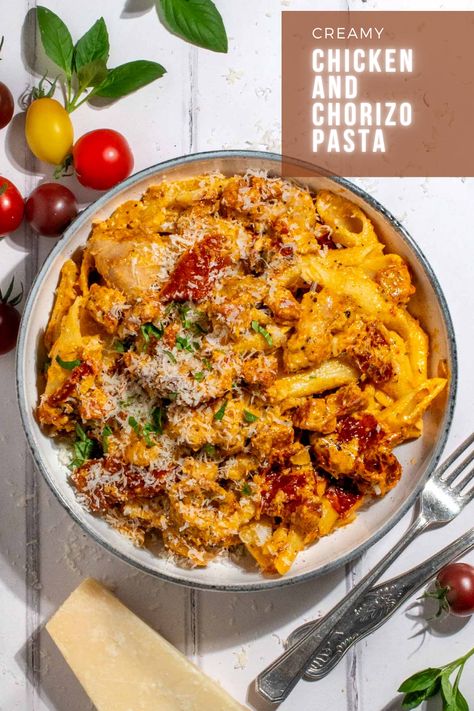 Creamy chicken and chorizo pasta in a white bowl on a white washed background. Chicken And Chorizo Pasta, Chicken And Chorizo, Chorizo Pasta, Cold Wine, Lemon Garlic Pasta, Steak Pasta, Quick Pasta Recipes, Weekend Dinner, Garlic Pasta