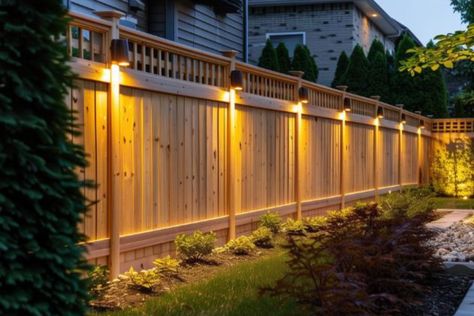 Privacy Fence With Lights, Raised Privacy Fence, Plants Hanging On Fence, Cheap Diy Fence, Diy Fences, Diy Fence Ideas, Privacy Fence Ideas, Farmhouse Backyard, Backyard Gates