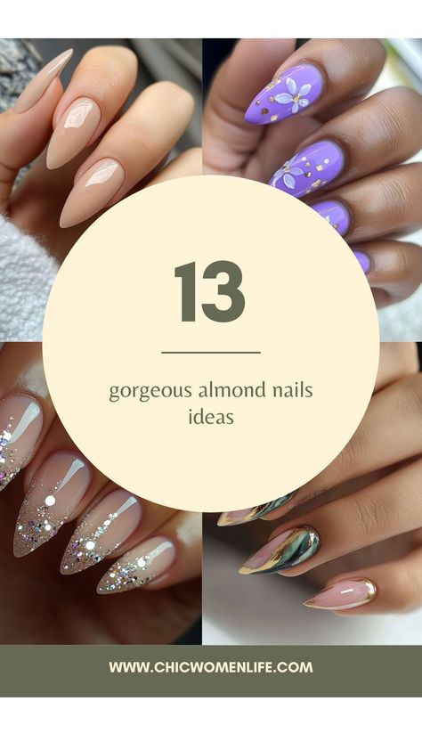 13 gorgeous almond nails ideas Almond Nails Designs 2024, Nail Ideas Long Almond, Almond Nails With Diamonds, Almond Stiletto Nails Short, Simple Nail Designs Almond Shape, Pretty Almond Nails, Almond Shape Nail Designs, Almond Nail Design Ideas, Trending Nail Polish