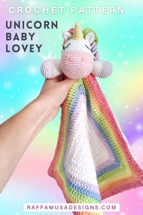 Crochet Unicorn Baby Lovey • RaffamusaDesigns Crochet Safety Blanket, Crochet Unicorn Lovey Free Pattern, Crochet Beehive, Crochet Selling, Amigurumi Lovey, Crochet Comforter, Unicorn Lovey, Crochet Unicorn Blanket, Lovey Blanket Pattern