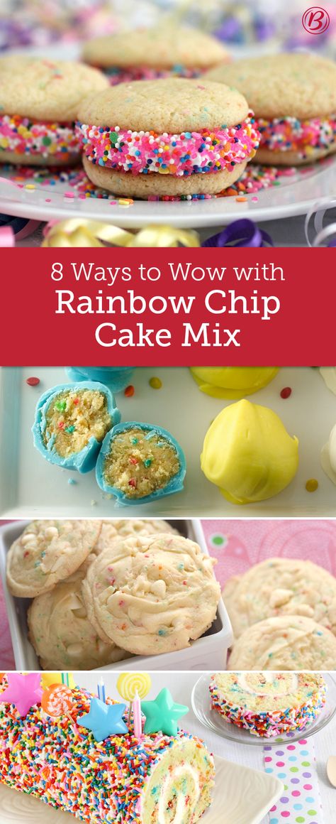 With its signature sprinkles and irresistible taste, it's no wonder we've found so many ways to impress using a box of Betty Crocker Rainbow Chip cake mix. From pop-able cake bites to bakery-style cookies, there's no limit to how creative you can get! Cupcake Poppers Betty Crocker, Rainbow Chip Cake Pops, Party Rainbow Chip Cake Mix Cookies, Betty Crocker Rainbow Cake, Rainbow Chip Cupcakes, Rainbow Bit Cake Mix Recipes, Party Rainbow Chip Cake Mix Recipes, Rainbow Chip Cookies, Rainbow Chip Cake Mix Recipes