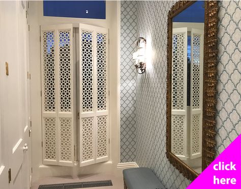 Decorative fretwork bifold doors Unique Bathroom Rugs, Laser Cut Furniture, Green Bathroom Decor, Interior Window Shutters, Window Shutters, Unique Bathroom, Retail Interior, Deco Furniture, Window Styles