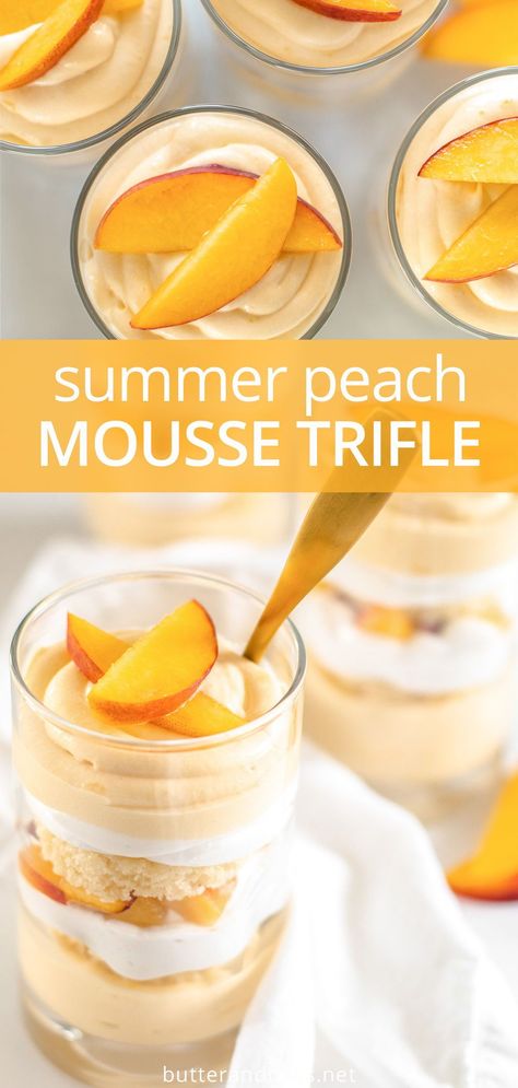 Peach Parfait Dessert, Whipped Cream Dessert Recipes, Peach Easy Recipes, Creamy Mousse Recipes, Peach Mousse Desserts, Cute Peach Desserts, Peach Trifle Desserts, Light Peach Desserts, Gourmet Summer Desserts