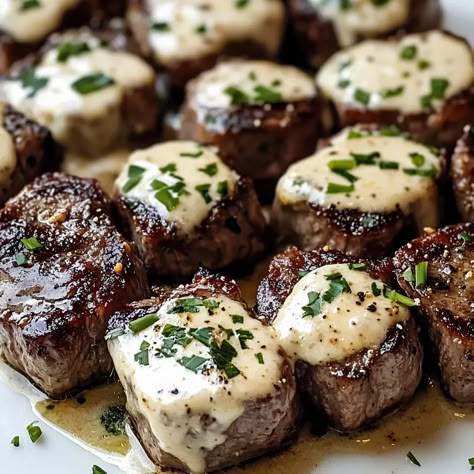 Garlic Butter Steak Bites with Parmesan Cream Sauce Recipe Butter Garlic Steak Bites With Parmesan Cream Sauce, Garlic Butter Steak Bites With Parmesan Sauce, Garlic Parmesan Beef Tips, Garlic Steak Bites With Parmesan Sauce, Steak Bites With Parmesan Cream Sauce, Steak With Butter Sauce, Garlic Parm Steak Bites, Garlic Parmesan Steak Bites, Birthday Steak Dinner Ideas