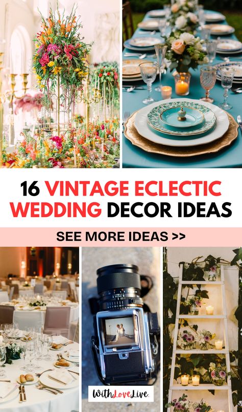 Create a magical atmosphere with vintage eclectic wedding decor! 🎩🌸 Explore creative ideas that mix old-world charm with contemporary flair. From vintage china to quirky centerpieces, this guide has everything you need to make your special day uniquely yours. Don’t forget to save this pin for later! 📌💖 Quirky Centerpieces, Eclectic Wedding Decor, Vintage Eclectic Wedding, Kitschy Wedding, Quirky Wedding Ideas, Wedding Decor Ideas, Eclectic Wedding, Vintage Eclectic, Old World Charm