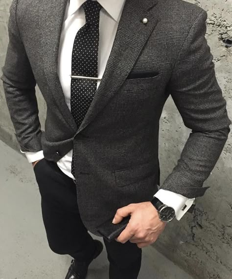 Dark Grey / Charcoal Check Blazer . White Shirt . Black Polka Dot Tie . Black Jeans #Autumn #Winter Blazer Outfit, Grey Blazer, Suit And Tie, A Man, Dark Grey, Blazer, Grey, Instagram, Black