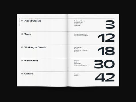 Cleevio — Handbook by Jaromir Kveton on Dribbble Table Of Contents Design Layout Creative, Contents Page Design, Table Of Contents Design, Contents Layout, Table Of Contents Page, Content Page, Publication Design, Brand Book, Contents Design