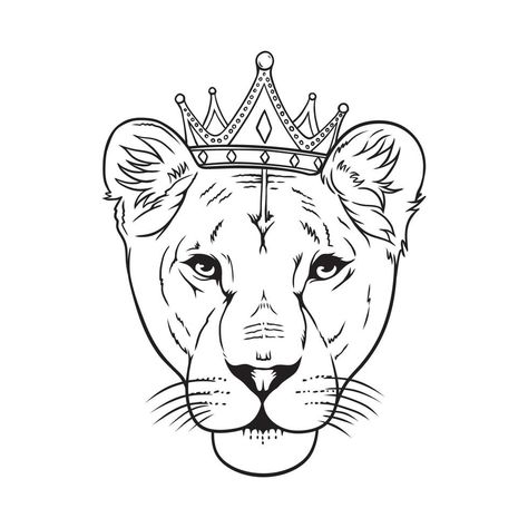 Lion Cartoon Drawing, Female Lion Tattoo, Queen Crown Tattoo, Lion Cartoon, Crown Vector, Crown Drawing, Vector Line Art, Female Lion, Lion Drawing