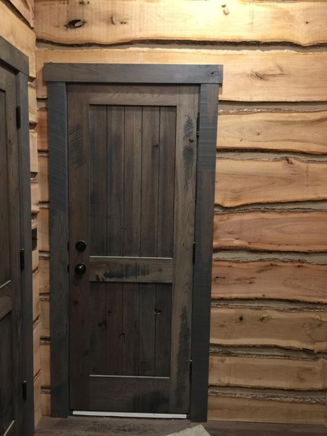 Log Home Interior Doors, Log Cabin Interior Door, Rustic Interior Trim Ideas, Dark Stained Interior Doors, Rustic Bedroom Doors, Log Cabin Interior Doors, Log Cabin Doors, Black Interior Doors With Wood Trim, Walnut Doors Interior