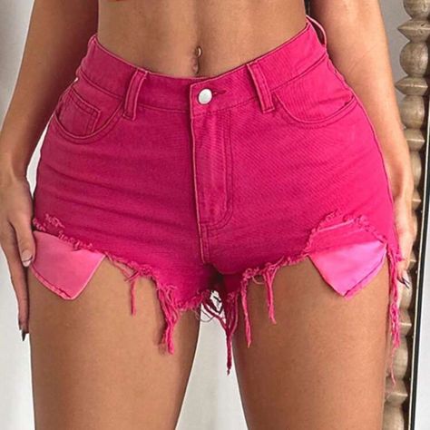 Brand New Size 28 Waist Is Stretchy From Shien Shorts Rosa, Pink Booties, Hot Pink Shorts, Neon Outfits, Pink Things, Pink Collar, Pink Jeans, Teenager Outfits, Short Jeans