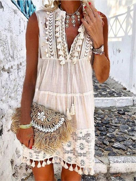 db957c626a8cd7a27231adfbf51e20ebdesc51453886ri Casual Dresses For Summer, Beginner Haken, Midi Dress Chic, Fringe Mini Dress, Bohemian Style Dresses, Sleeveless Short Dress, Womens Shift Dresses, Mini Robes, Short Mini Dress