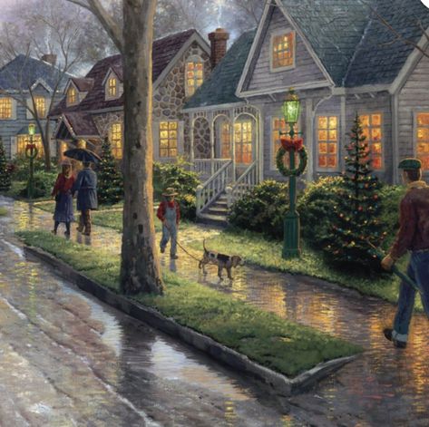 Front Yard Trees, Yard Trees, Hometown Christmas, Thomas Kinkade Paintings, Cottage Illustration, Kinkade Paintings, Vintage Christmas Images, Cottage Art, The Painter