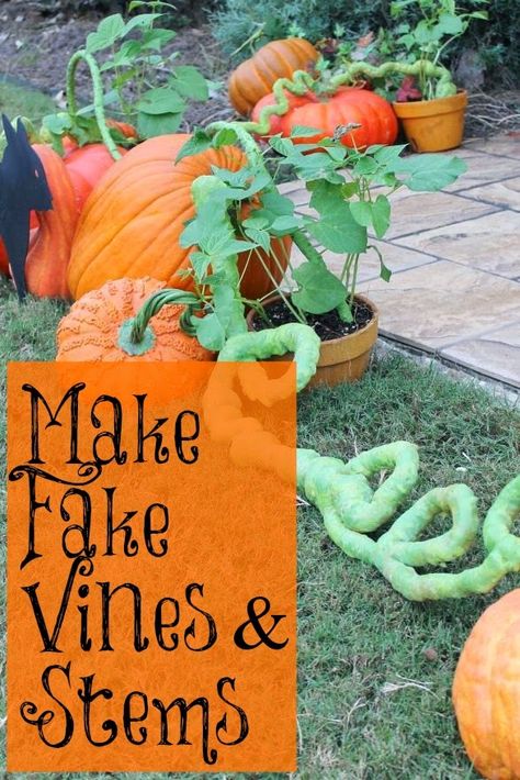 Wanting some more vines for another pumpkin patch   (this time between two metal black cats at the front porch)   but NOT wanting to ma... Pumpkin Parade Ideas, Pumpkin Patch Decoration, Spider Web Wreath, Fake Vines, Homecoming Floats, Parade Ideas, Pumpkin Vine, Fake Pumpkins, Halloween Folk Art