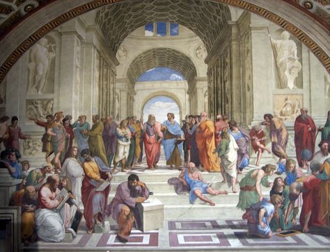 Scuola di Atene is one of the most famous frescoes by the Italian Renaissance artist Raphael. It was painted between 1509 and 1511 as a part of Raphael's commission to decorate the rooms now known as the Stanze di Raffaello, in the Apostolic Palace in the Vatican. Raphael Paintings, School Of Athens, Visiting The Vatican, Vatican Museum, Istoria Artei, Edouard Manet, Peter Paul Rubens, Vatican Museums, Amazing Paintings