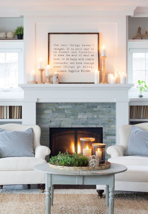 White Winter Mantel Art | The Lilypad Cottage Winter Mantel Decor, Design Camino, Farmhouse Fireplace Decor, Winter Mantels, Winter Living Room, Small Fireplace, The Mantle, 아파트 인테리어, Fireplace Makeover