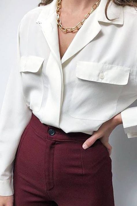 Wine Red Trousers Outfit, Burgundy Shirt Outfit Women Work, Maroon Shirt Outfit For Women, Plum Trousers Outfit, Maroon Trousers Outfits Women, Button Blouse Outfit, Maroon Shirt Women, Burgundy Trousers Outfit, Silk Trousers Outfit