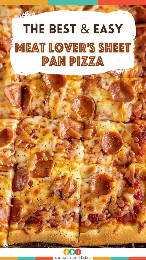 Craving a hearty pizza? Try this Meat Lover's Sheet Pan Pizza packed with Italian sausage, pepperoni, ham, and gooey cheese. Quick, easy, and delicious! Perfect for a family dinner or game night. Don’t miss out—pin this recipe and enjoy a slice of heaven tonight! Best Spaghetti Recipe, Sheet Pan Pizza, Pepperoni Chicken, Gluten Free Holiday Recipes, Pizza Recipes Pepperoni, Best Party Food, Slice Of Heaven, Gooey Cheese, Pan Pizza