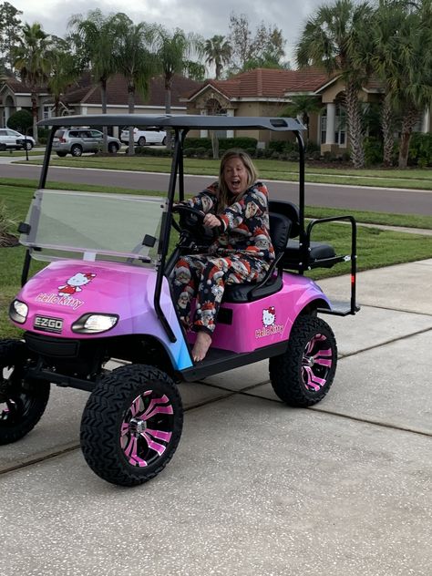 This is still my best Christmas present EVER! Decorated Golf Cart, Golf Cart Accessories Fun, Pink Golf Cart, Bev Cart Girls Golf, Christmas Present List, Pimped Out Golf Cart, Golf Buggy, Best Christmas Presents, Golf Car