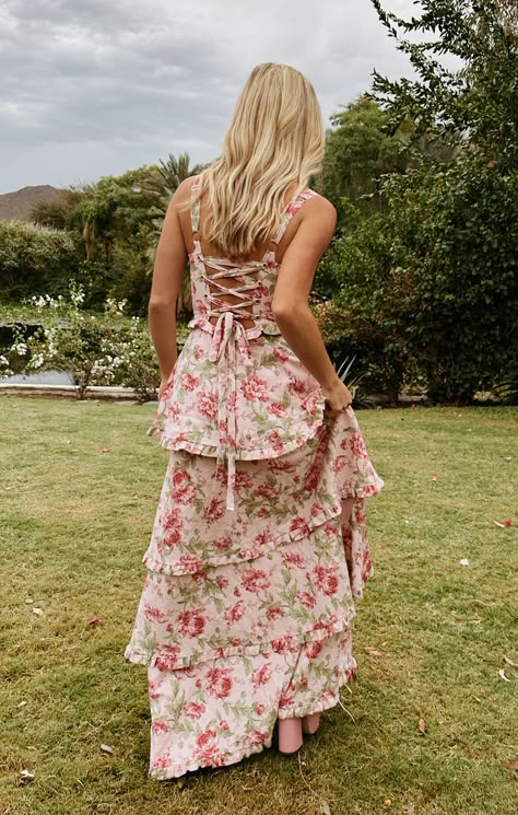 Tiered Maxi Dress Formal, Frill Prom Dress, Summer Floral Wedding Guest Dress, Floral Layered Dress, Tea Party Formal Dress, Tired Prom Dress, Floral Tiered Prom Dress, Bridgerton Bridal Shower Dress, Cottage Prom Dress