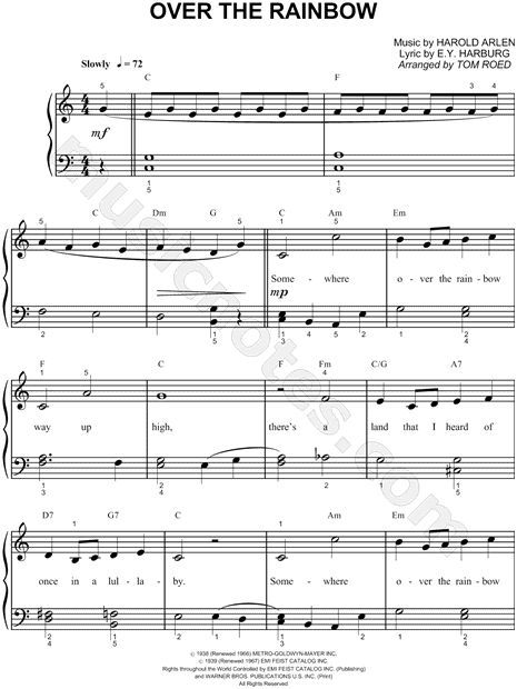 Judy Garland "Over the Rainbow" Sheet Music (Easy Piano) in C Major (transposable) - Download & Print|#freesheetmusicforguitar #guitarsheetmusic #popularguitarsheetmusic #guitarnotesforbeginners #Sheetmusic #drumssheetmusic #popularpianosheetmusicfree #Violinsheetmusic Rainbow Piano, Songs Guitar, Sheet Music Easy, Beginner Piano Music, Easy Sheet Music, Free Piano Sheets, Trumpet Music, Clarinet Music, Piano Music Lessons