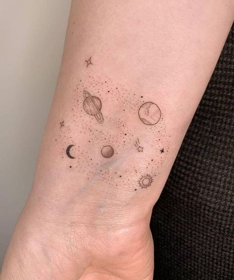 Solar System Tattoo, Attractive Style, Planet Tattoos, Galaxy Tattoo, Small Pretty Tattoos, Theme Tattoo, Spine Tattoos For Women, Different Tattoos, Spine Tattoos