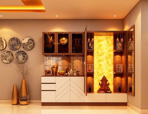 Home bar design ideas Crockery With Pooja, Crockery Units, Puja Unit, Modern Kitchen Cupboards, Crockery Cabinet Design, Mandir Designs, Pooja Unit, Crockery Cabinet, Crockery Unit Design