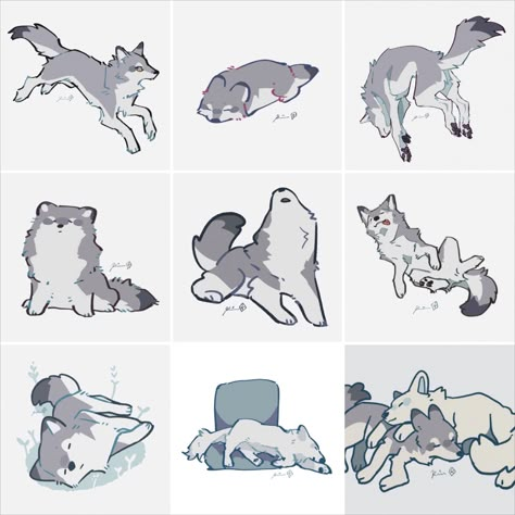 Wolfs by @rinrinwolf Chibi Dog, Husky Drawing, Wolf Poses, 강아지 그림, 캐릭터 드로잉, Animal Sketches, Wolf Art, Dog Drawing, Cute Animal Drawings