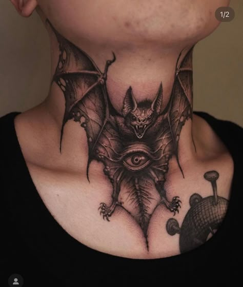 Bat Throat Tattoo, Bat Tattoo Neck, Bat Head Tattoo, Bat Neck Tattoo, 808 Tattoo, Bat Tatoos, Bat Tattoo Design, Chest Neck Tattoo, Bat Tattoos