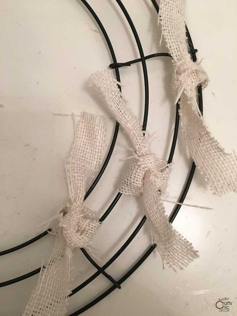 How To Make A Burlap Rag Wreath - Rustic Crafts & DIY Burlap Rag Wreath Diy, Rag Ornaments Diy, Diy Christmas Burlap Wreath, Twine Wreath Diy, Rag Ribbon Wreath, 8 Inch Wire Wreath Ideas, Wire Frame Wreath Ideas, Burlap And Ribbon Wreath Diy, Making A Wreath With A Wire Frame